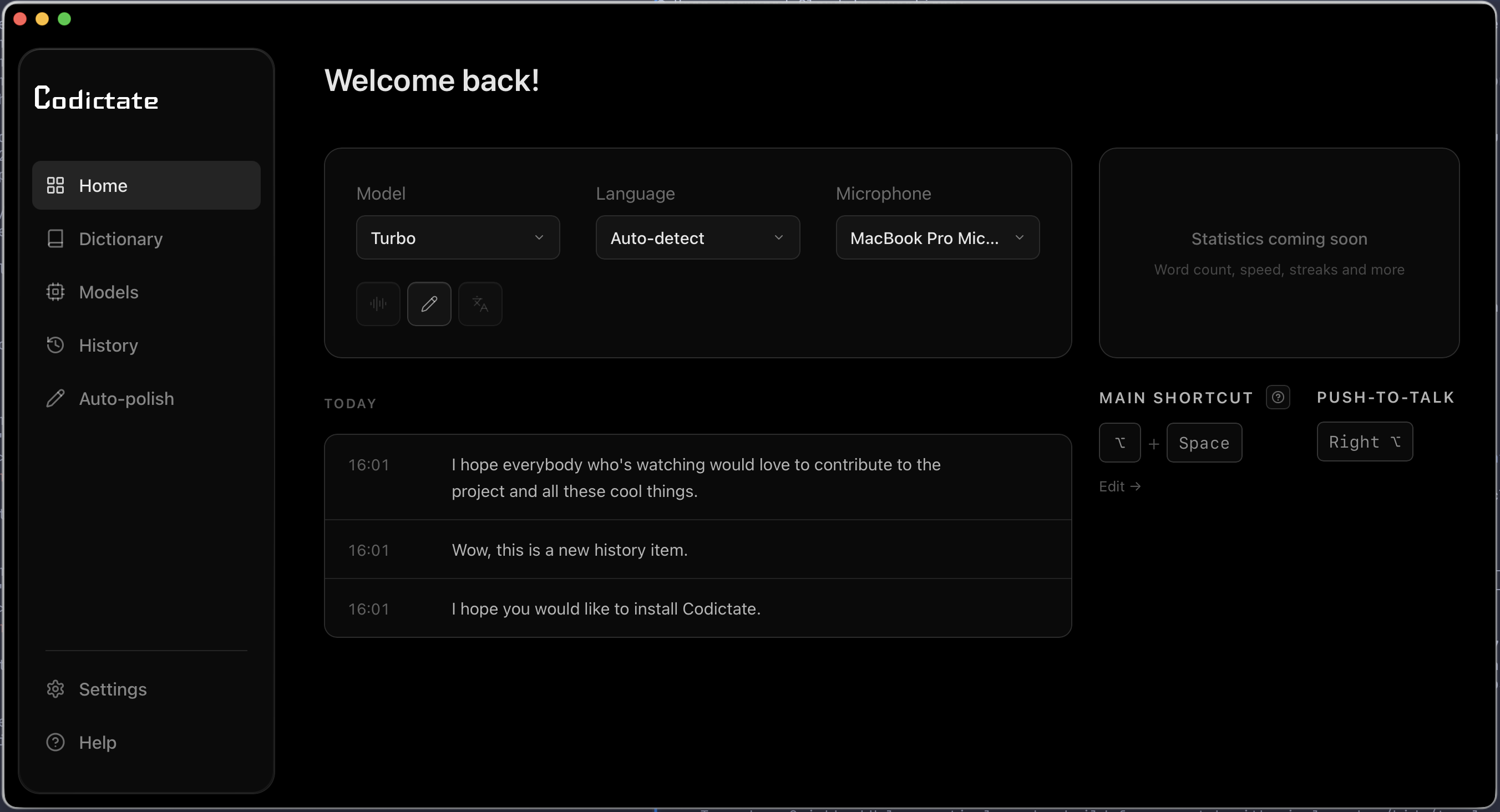 Codictate in dark mode.