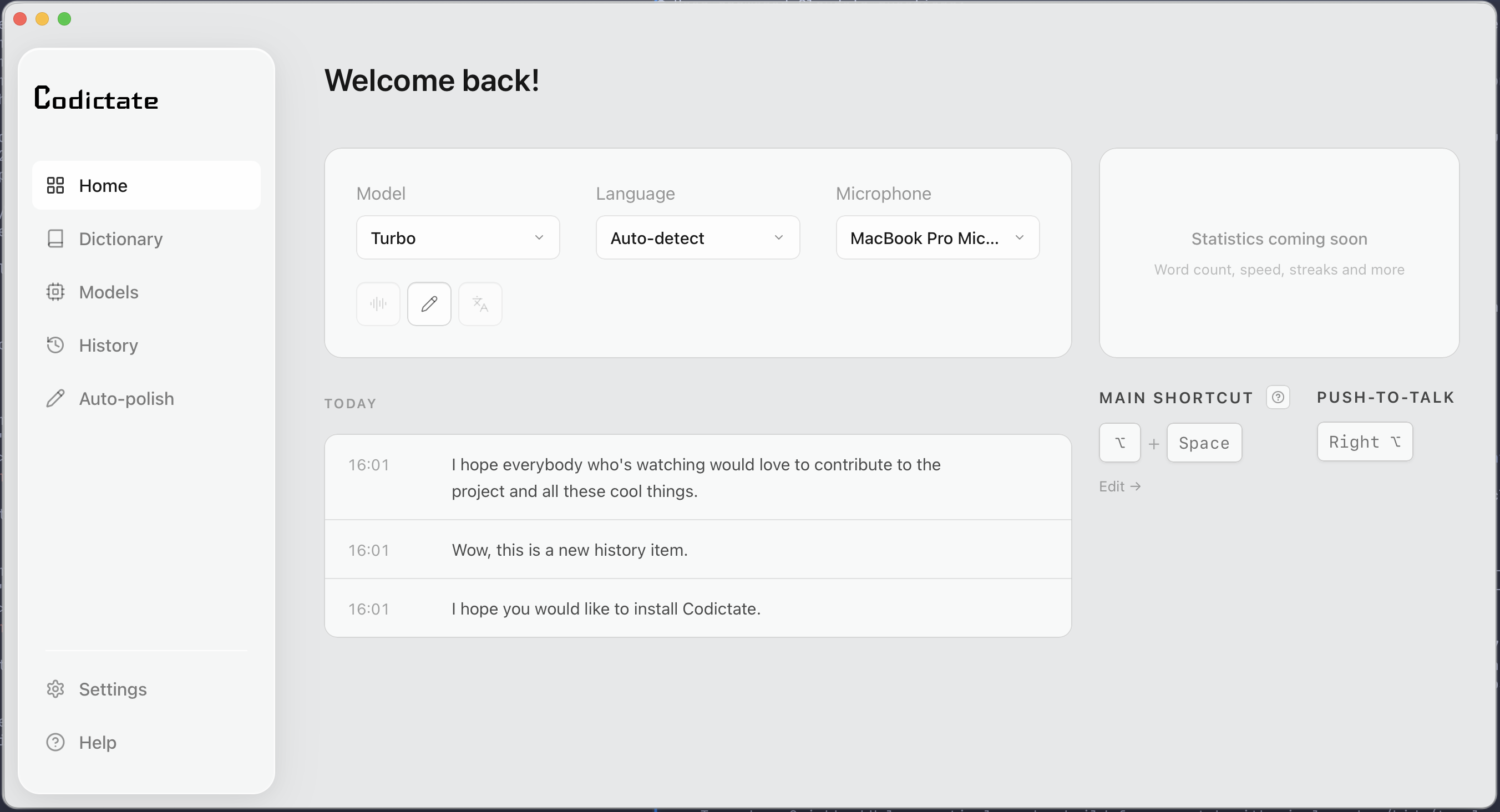 Codictate in light mode.